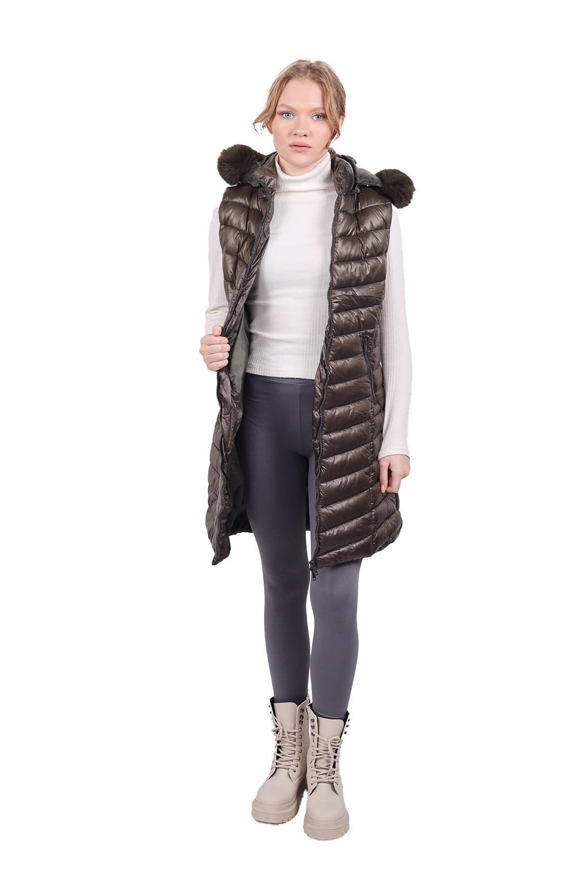 Haki Kapüşonlu Uzun Şişme Yelek 8000 - 2