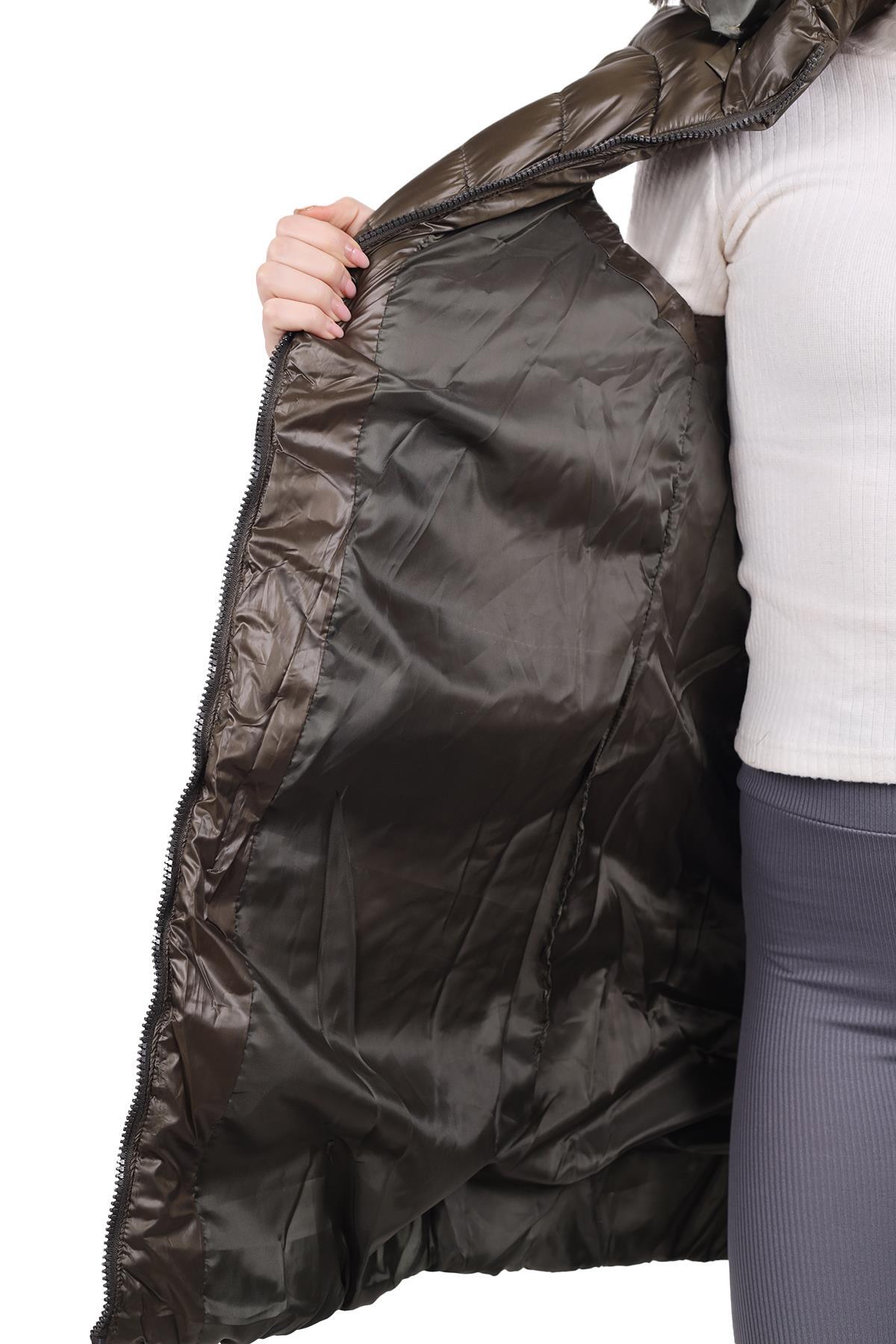 Haki Kapüşonlu Uzun Şişme Yelek 8000 - 4