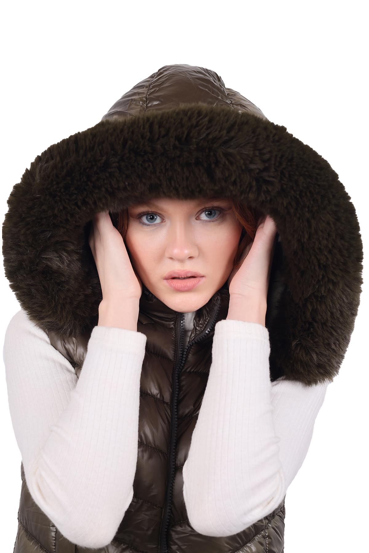 Haki Kapüşonlu Uzun Şişme Yelek 8000 - 5