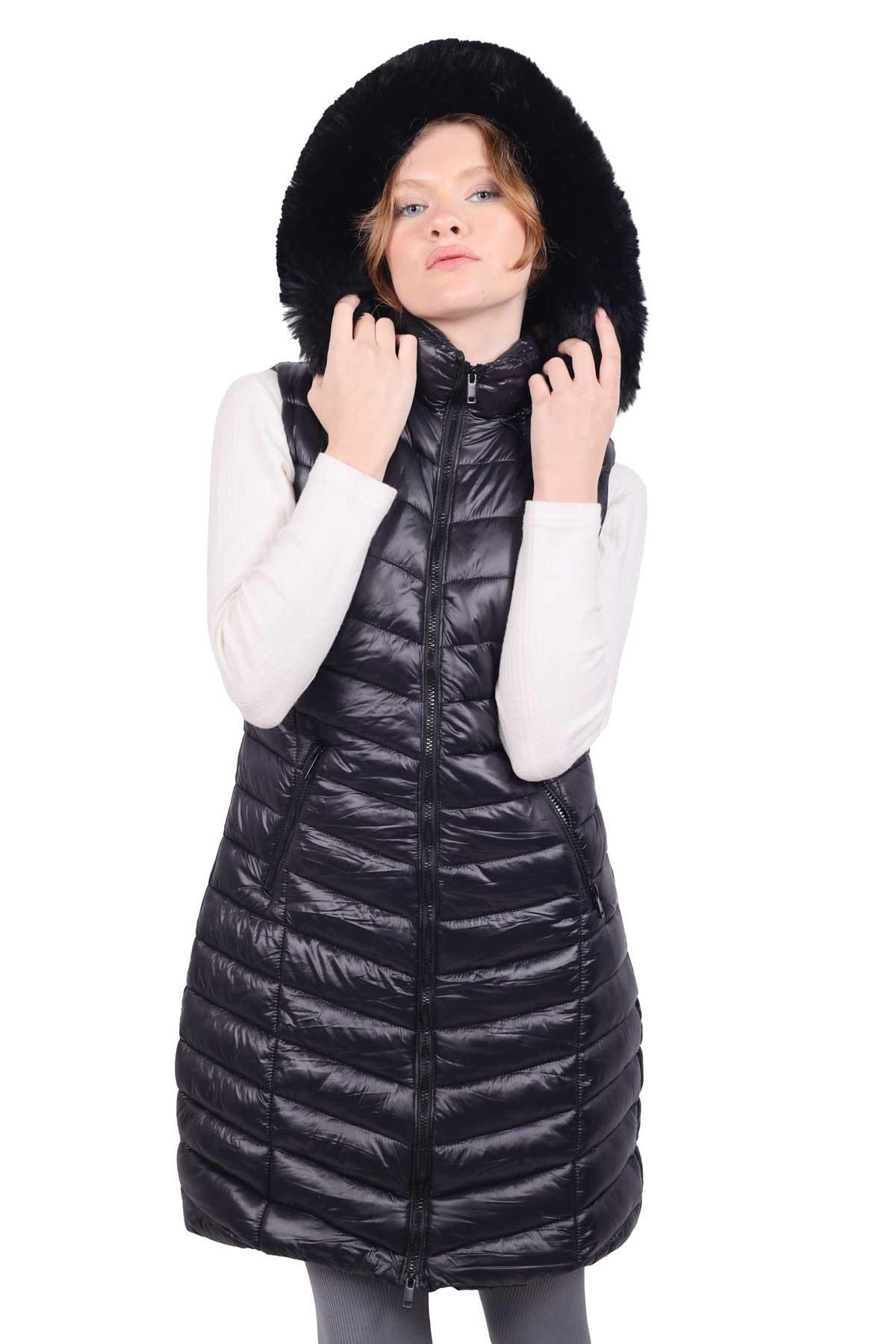 Siyah Kapüşonlu Uzun Şişme Yelek 8000 - 6