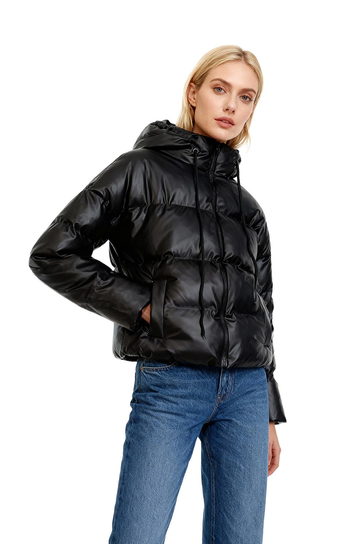 8001 Kapüşonlu Fermuarlı Mont Siyah - 1