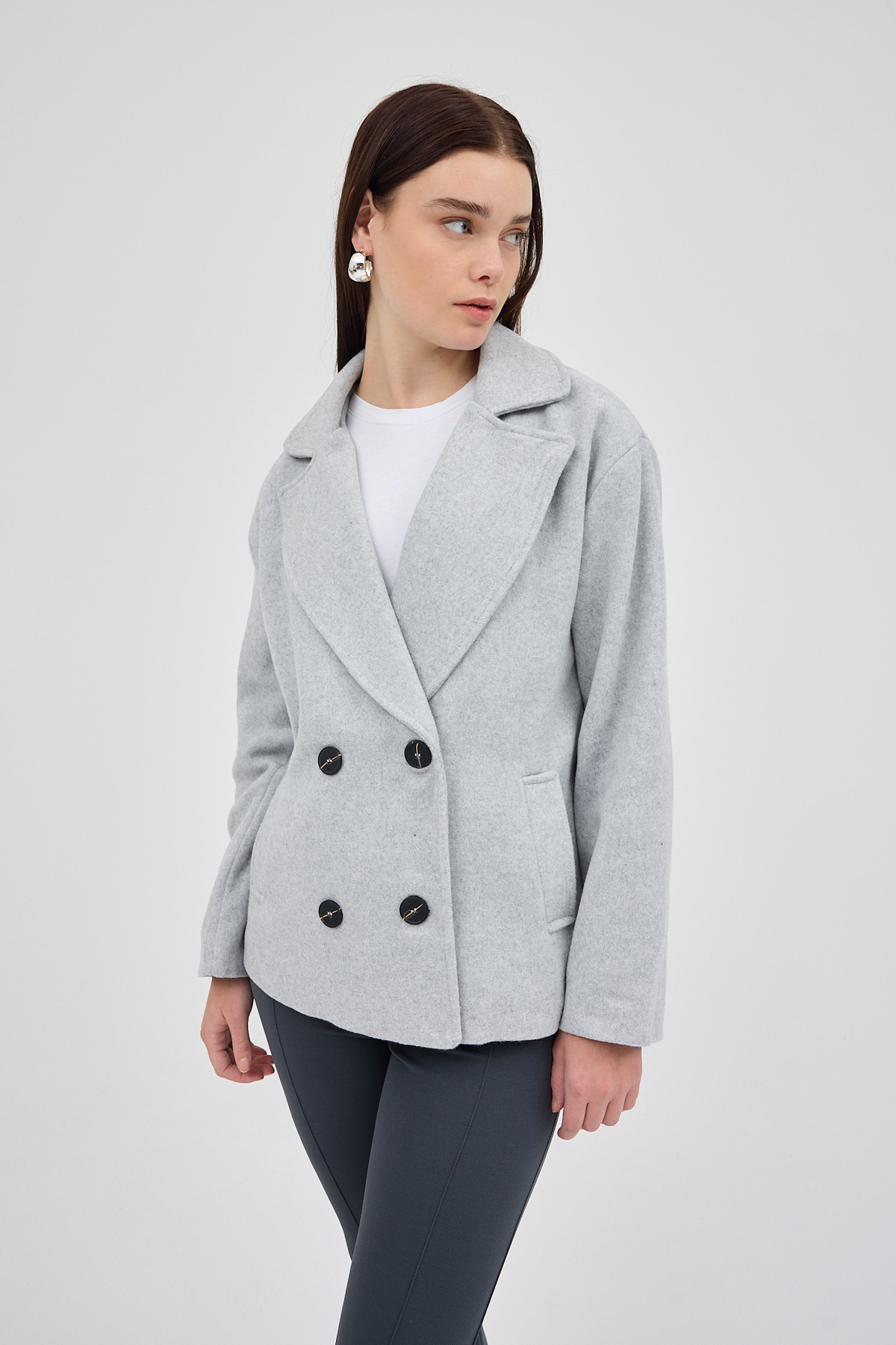 Gri Kruvaze Yaka Çift Düğmeli Kaşe Kadın Ceket 8069A - RAYS