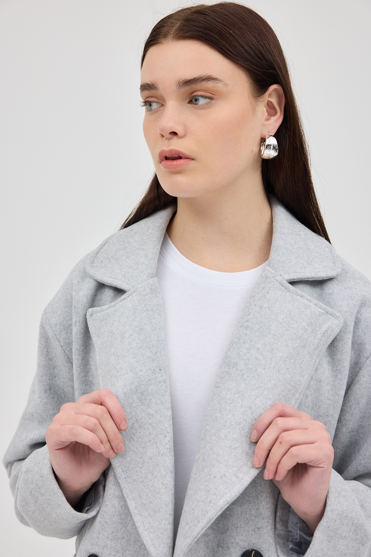 Gri Kruvaze Yaka Çift Düğmeli Kaşe Kadın Ceket 8069A - RAYS