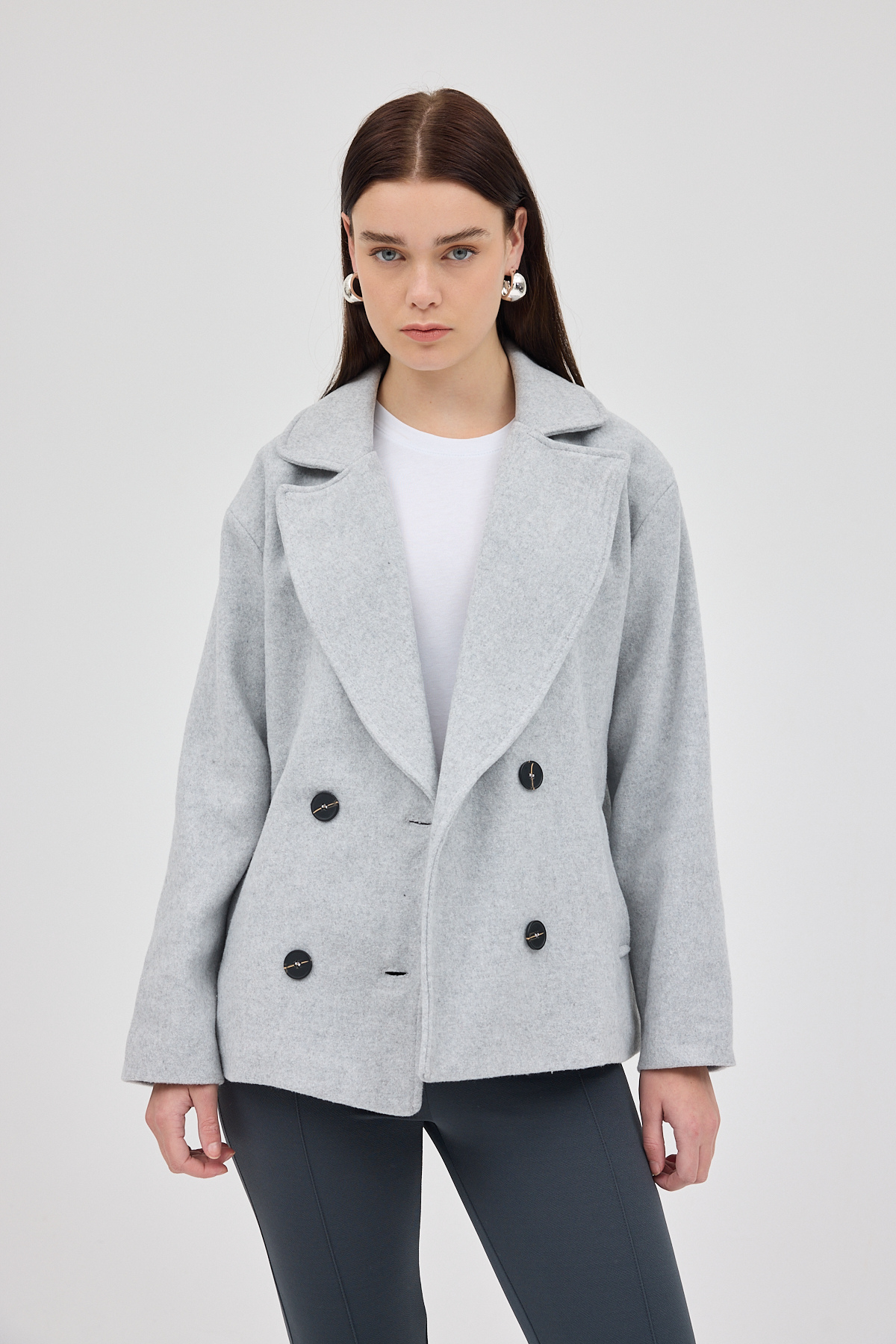 Gri Kruvaze Yaka Çift Düğmeli Kaşe Kadın Ceket 8069A - 6