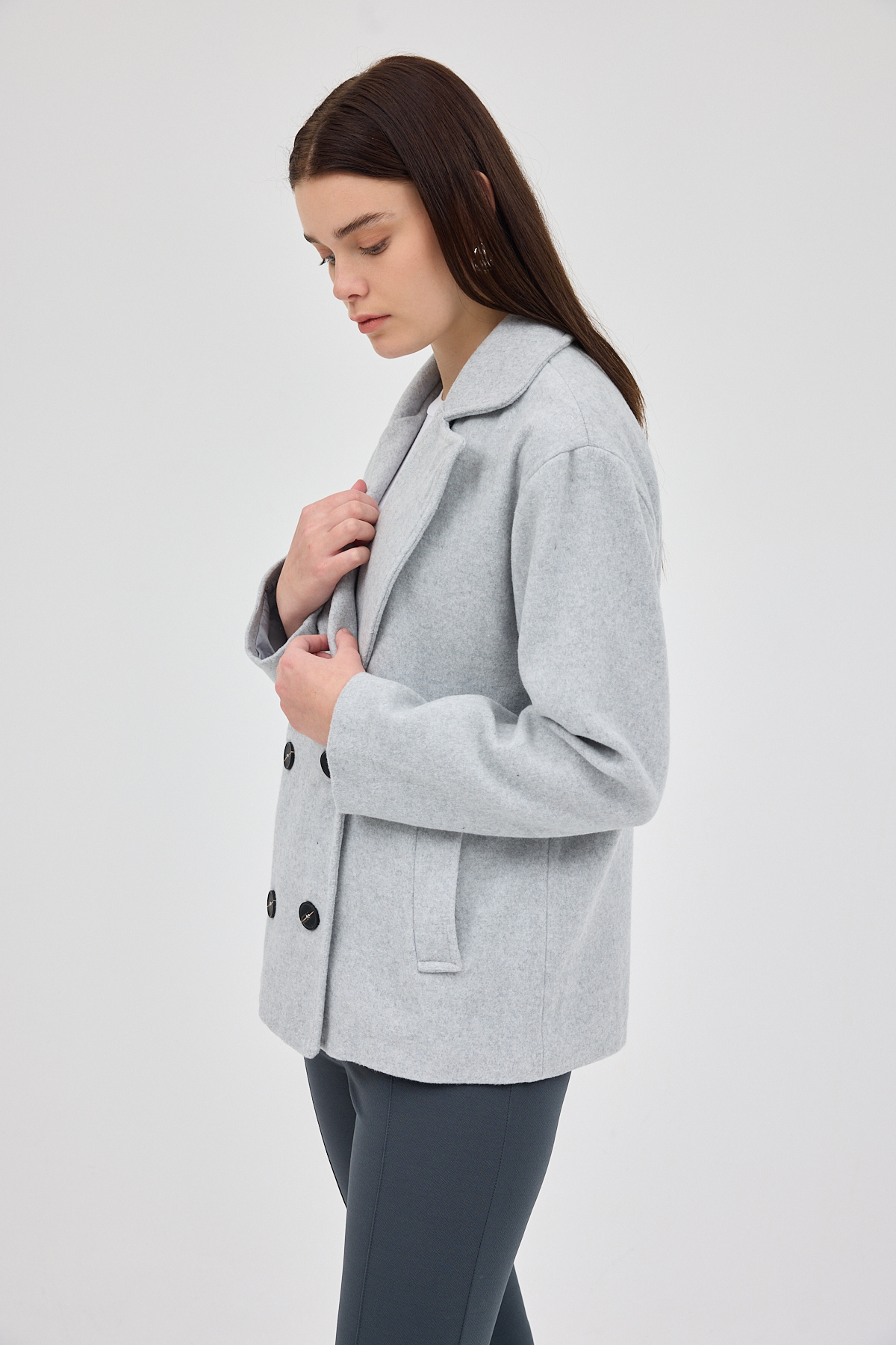 Gri Kruvaze Yaka Çift Düğmeli Kaşe Kadın Ceket 8069A - RAYS