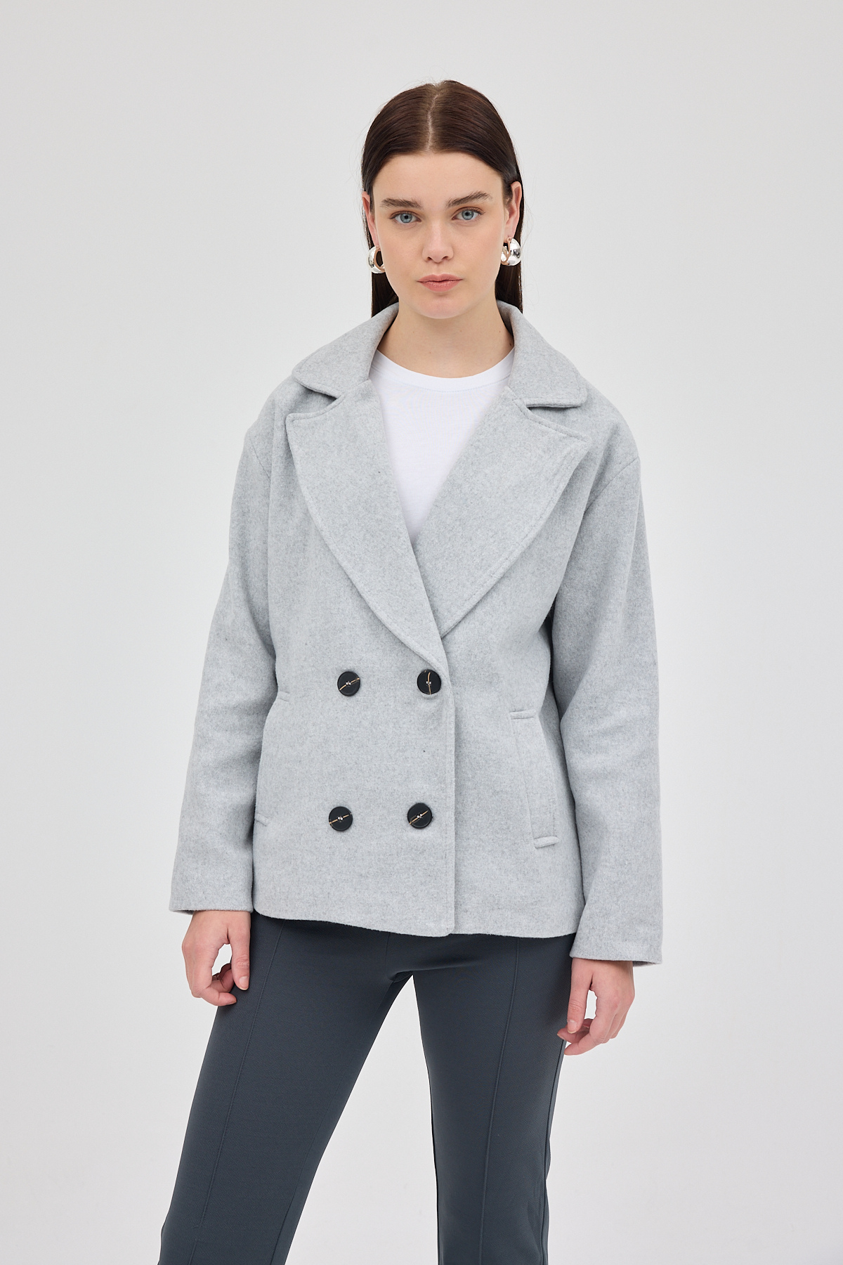 Gri Kruvaze Yaka Çift Düğmeli Kaşe Kadın Ceket 8069A - 7