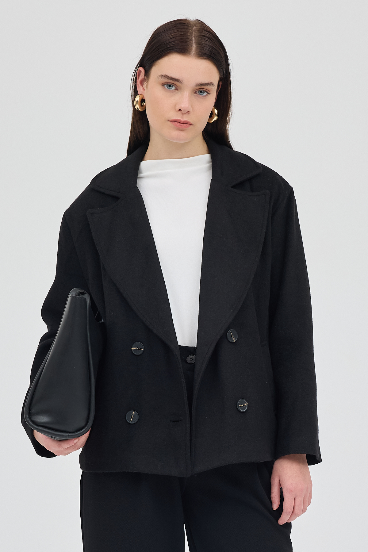 Siyah Kruvaze Yaka Çift Düğmeli Kaşe Kadın Ceket 8069A - 6