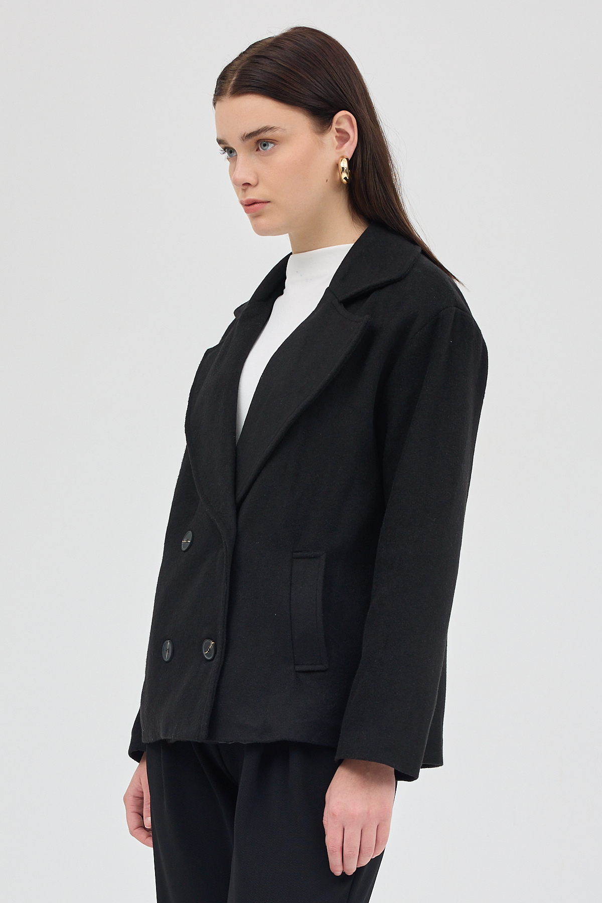 Siyah Kruvaze Yaka Çift Düğmeli Kaşe Kadın Ceket 8069A - RAYS