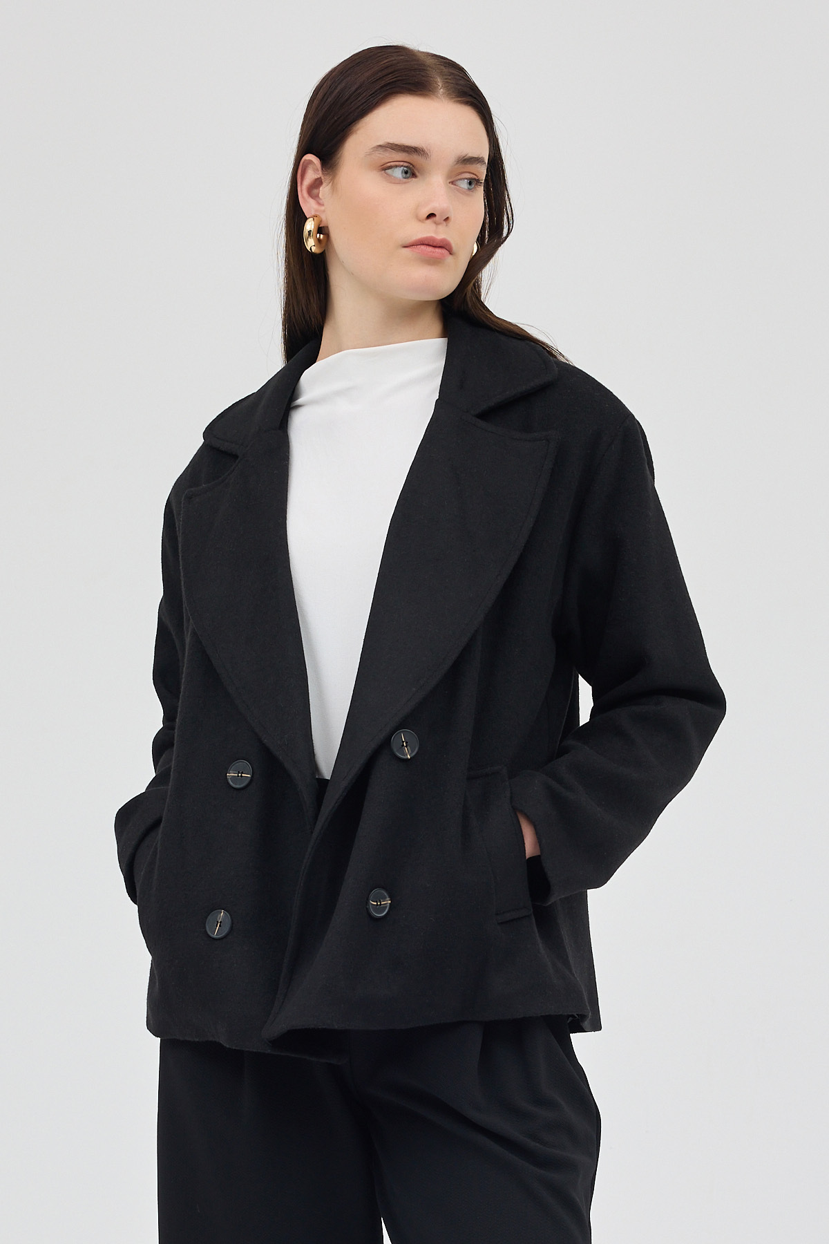 Siyah Kruvaze Yaka Çift Düğmeli Kaşe Kadın Ceket 8069A 