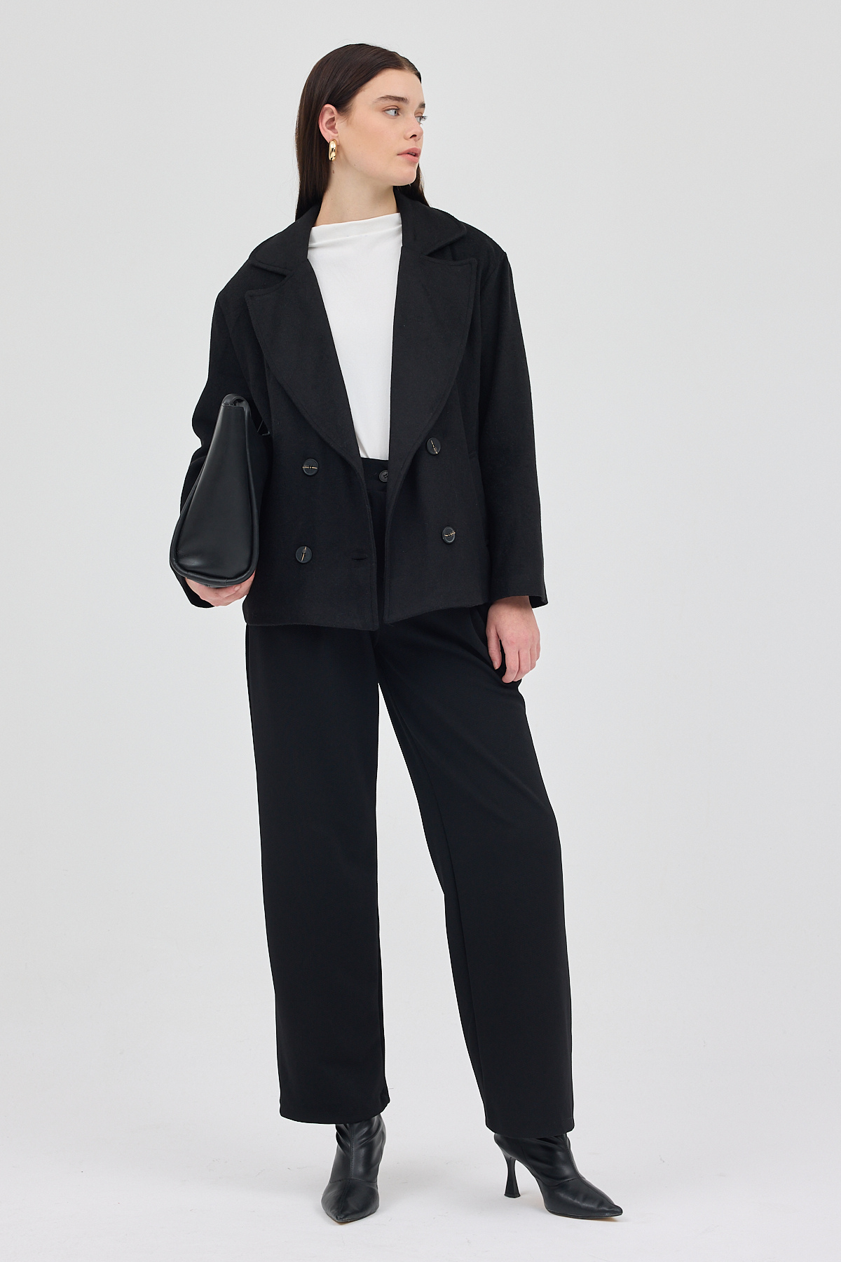 Siyah Kruvaze Yaka Çift Düğmeli Kaşe Kadın Ceket 8069A - 3