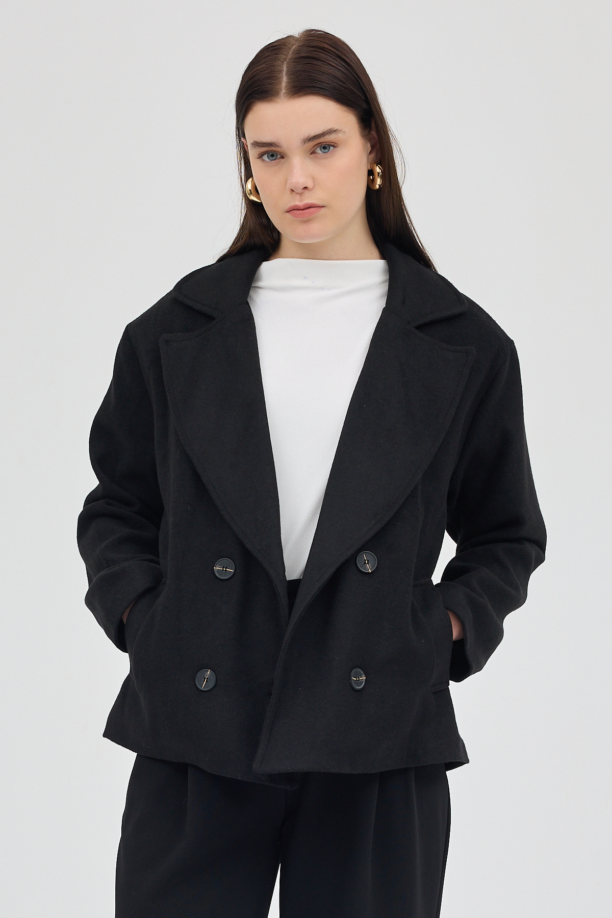 Siyah Kruvaze Yaka Çift Düğmeli Kaşe Kadın Ceket 8069A - 7