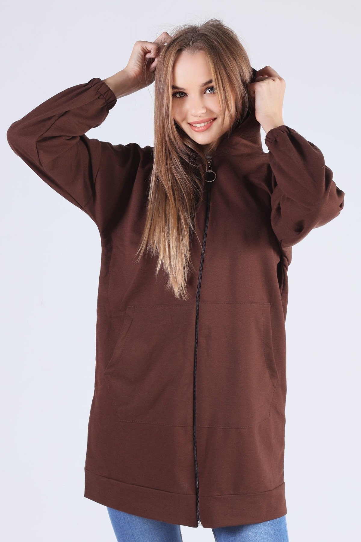 Acı Kahve Kanguru Cep Fermuarlı Sweat 808 - 1