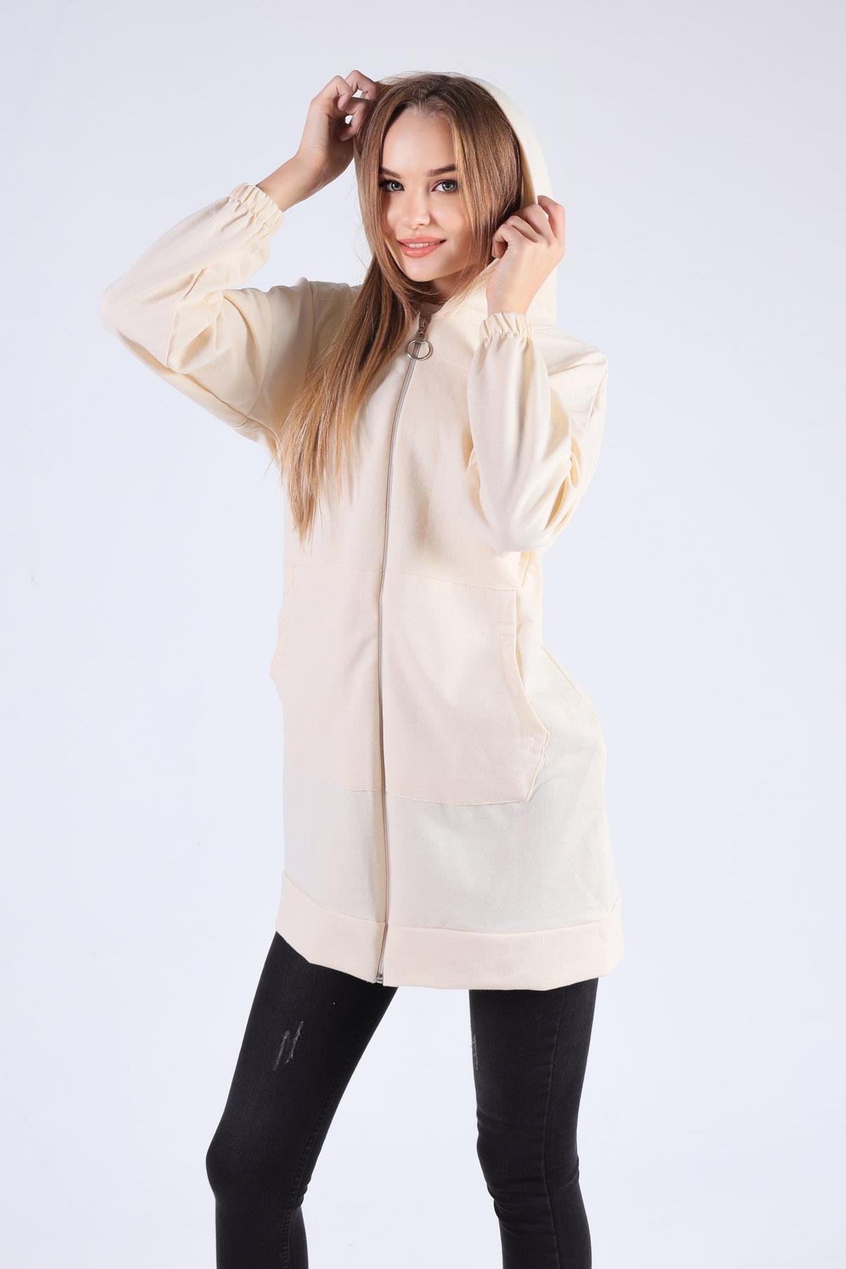 808 Kanguru Cep Fermuarlı Hırka Bej - 5