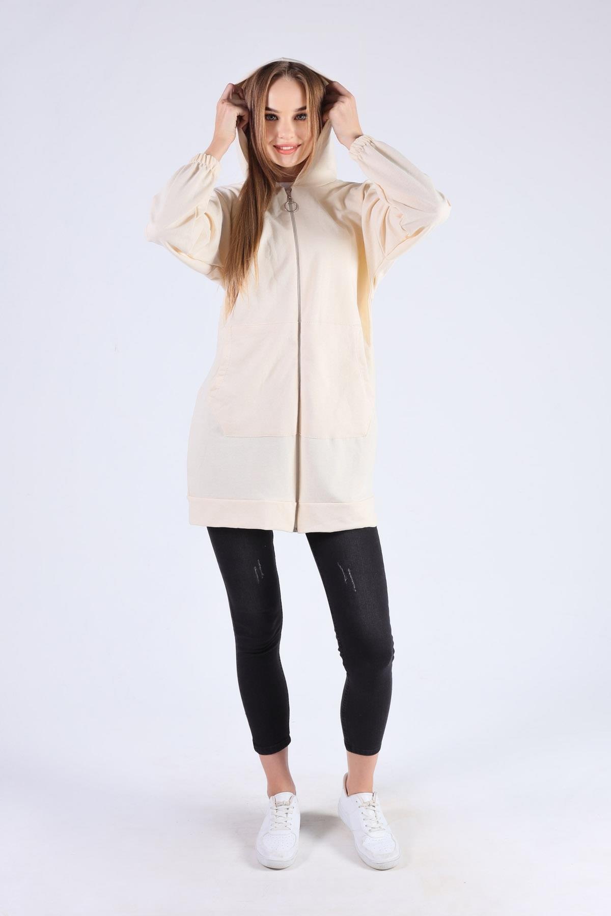 808 Kanguru Cep Fermuarlı Hırka Bej - 6