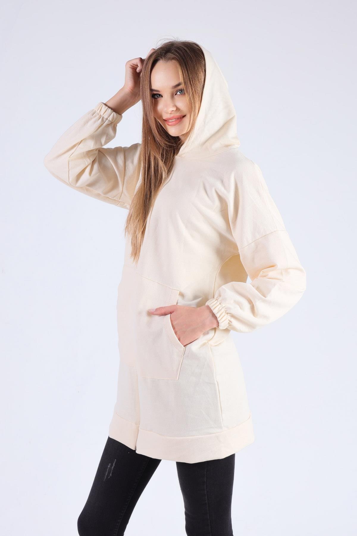 Bej Kanguru Cep Fermuarlı Sweat 808 - 1