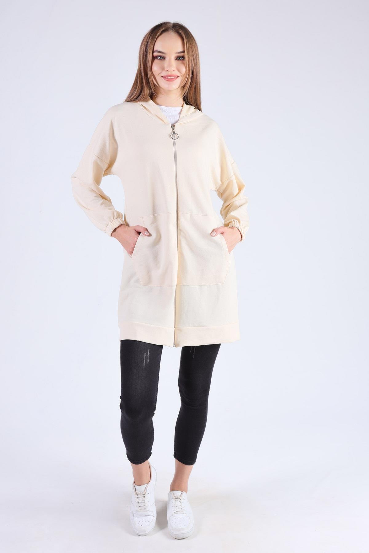 Bej Kanguru Cep Fermuarlı Sweat 808 - 3