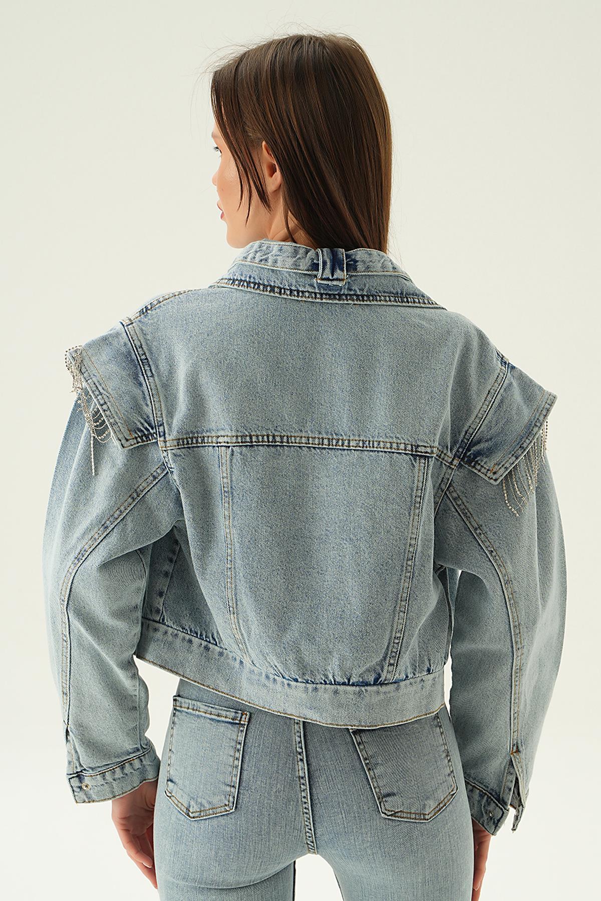 8089 Yaka Kemer Detaylı Jean Ceket Kar Yıkama - 3