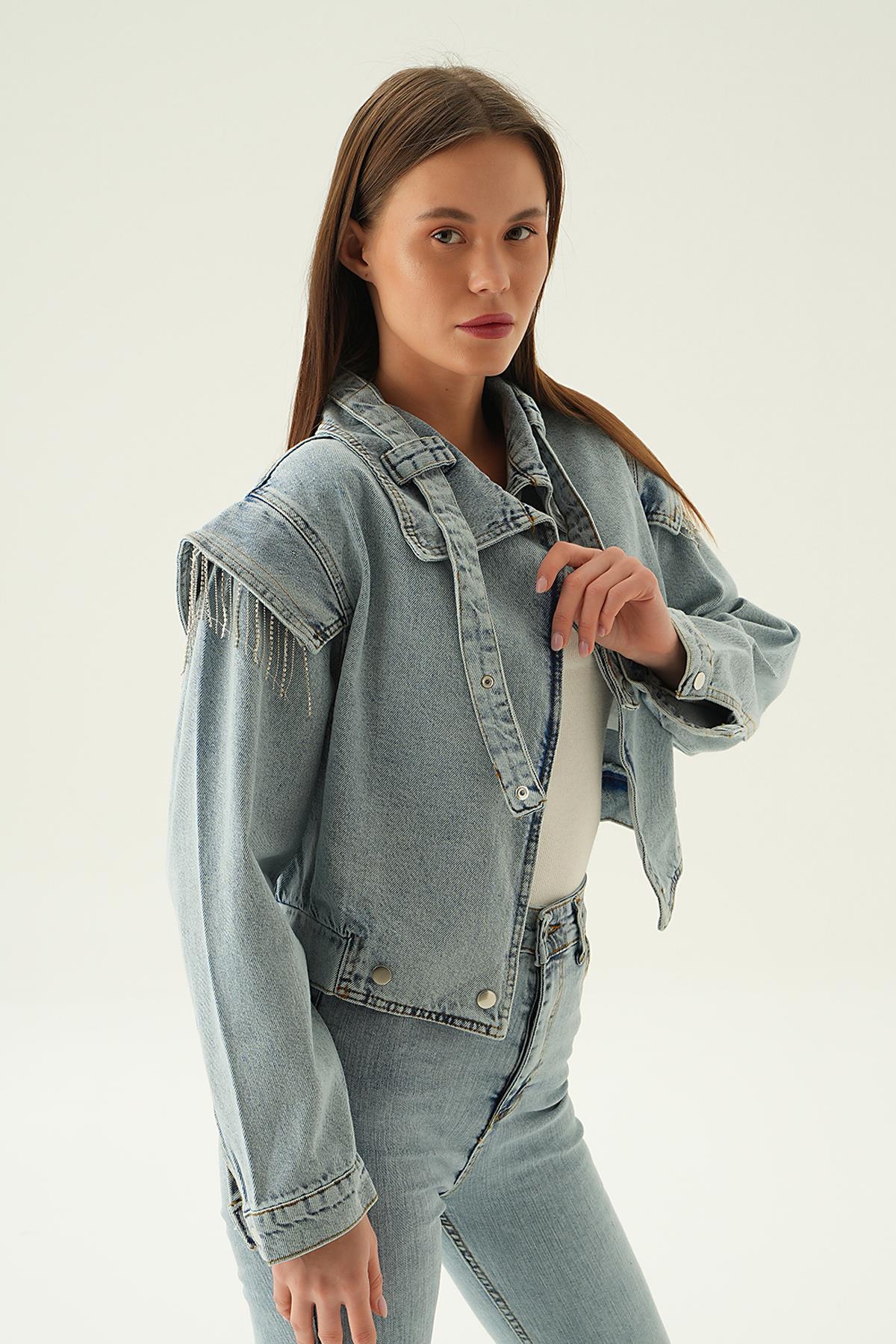 8089 Yaka Kemer Detaylı Jean Ceket Kar Yıkama - 4
