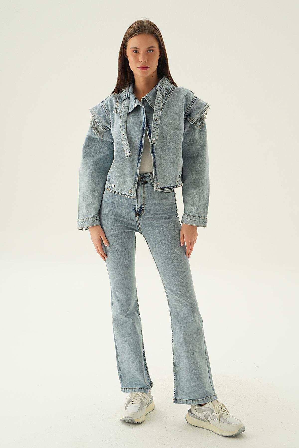 8089 Yaka Kemer Detaylı Jean Ceket Kar Yıkama - 6