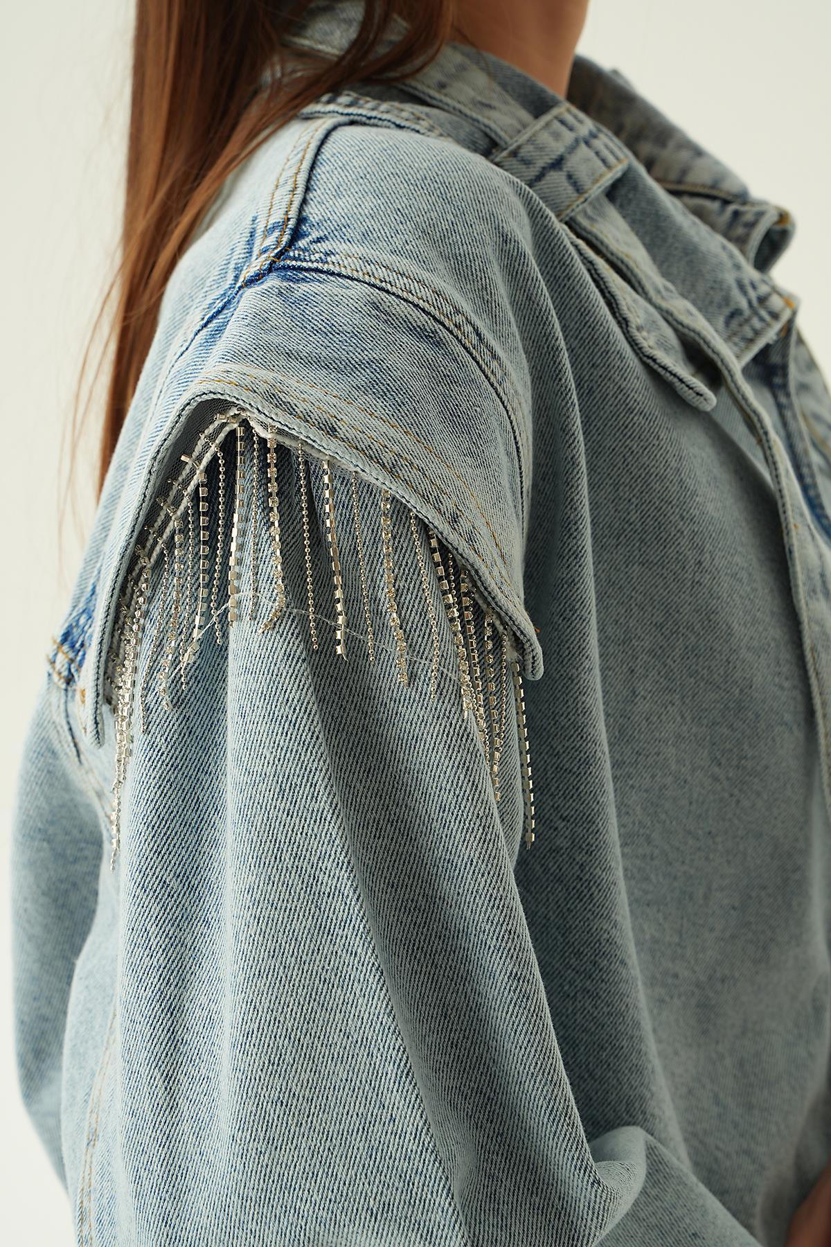8089 Yaka Kemer Detaylı Jean Ceket Kar Yıkama - 5