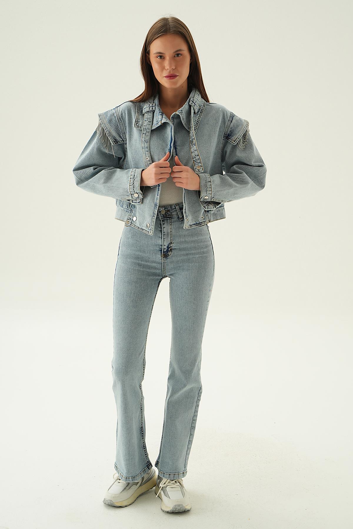 Kar Yıkama Yaka Kemer Detaylı Kot Ceket 8089 