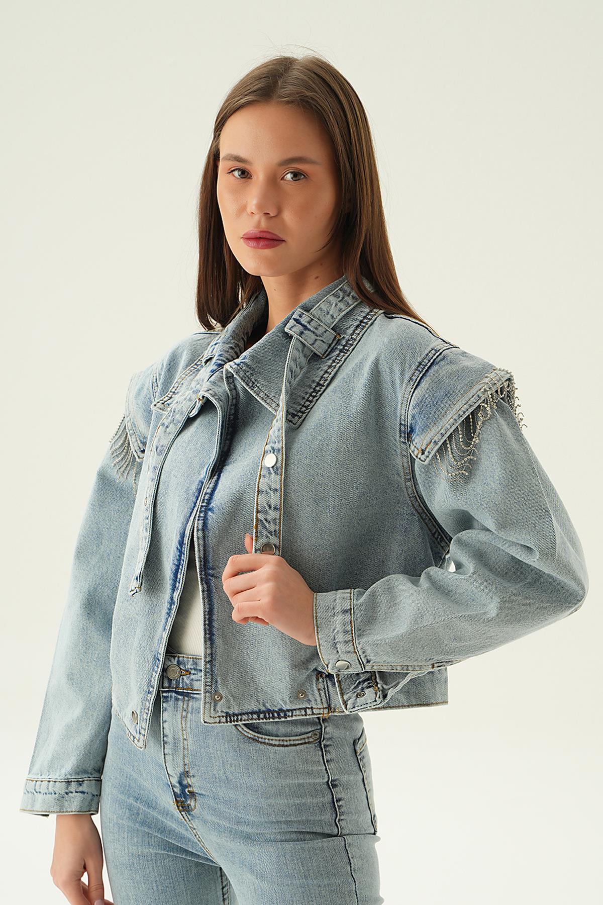 Kar Yıkama Yaka Kemer Detaylı Kot Ceket 8089 - 2