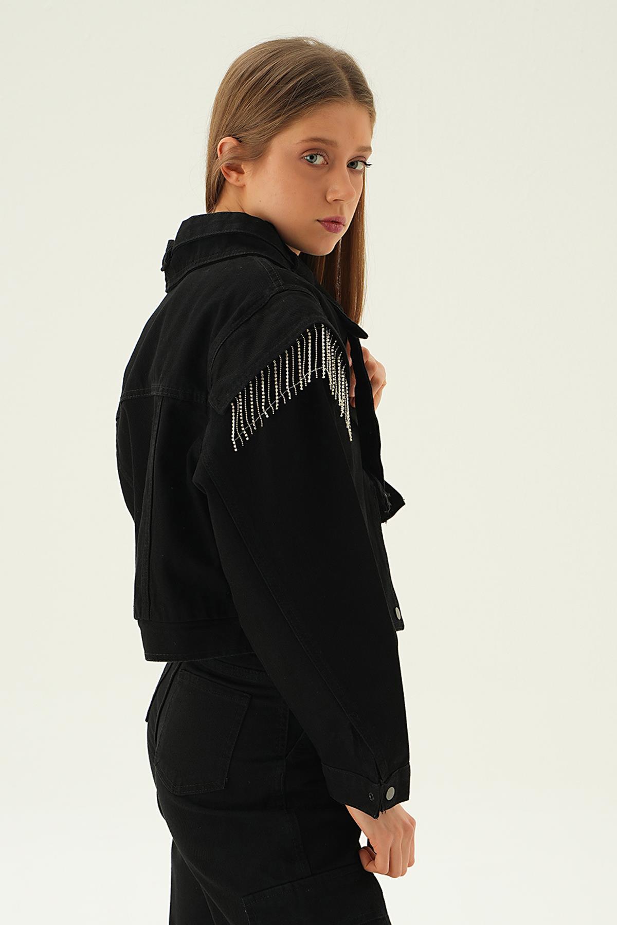 8089 Yaka Kemer Detaylı Jean Ceket Siyah - 3
