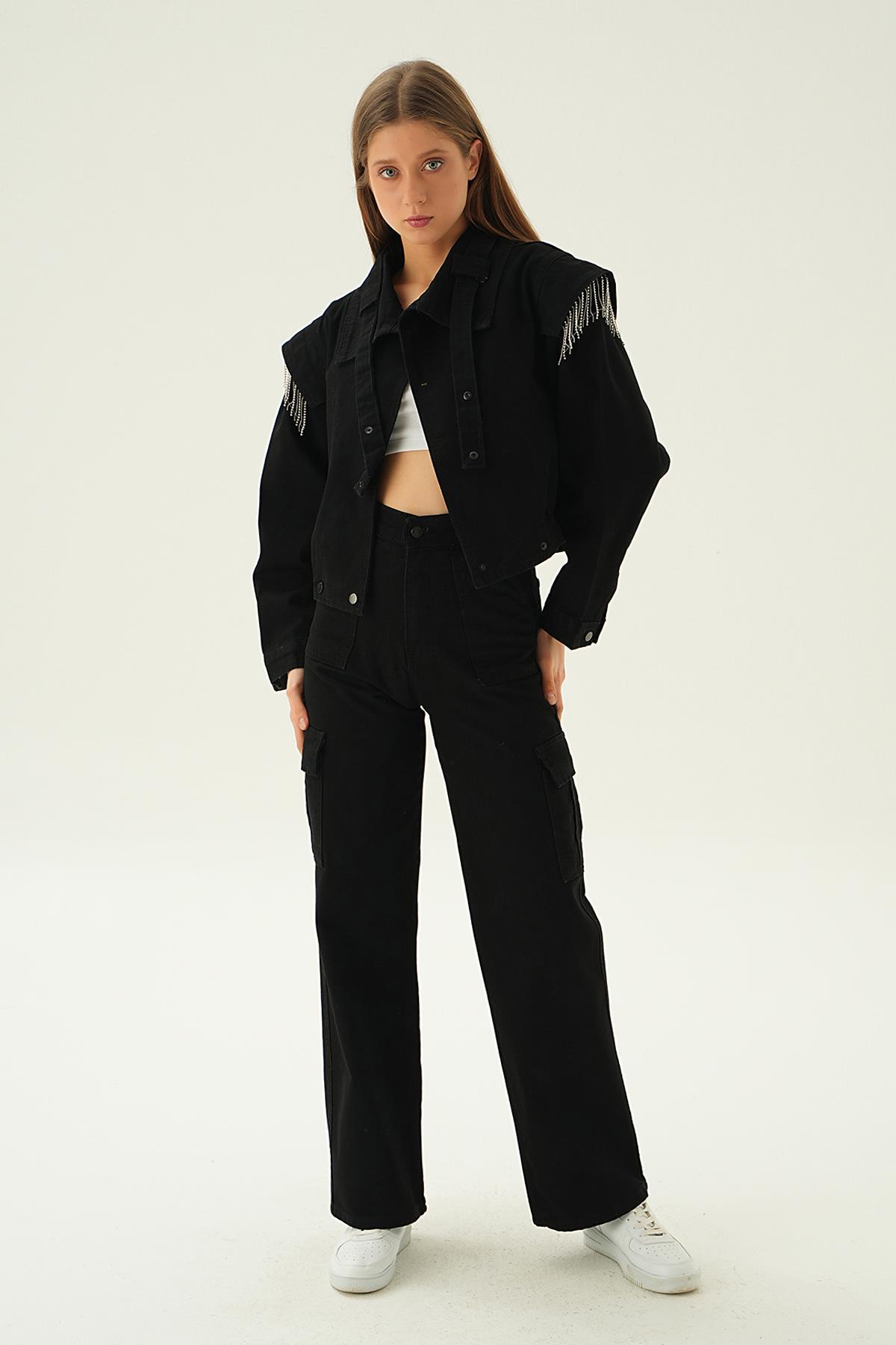 Siyah Yaka Kemer Detaylı Kot Ceket 8089 