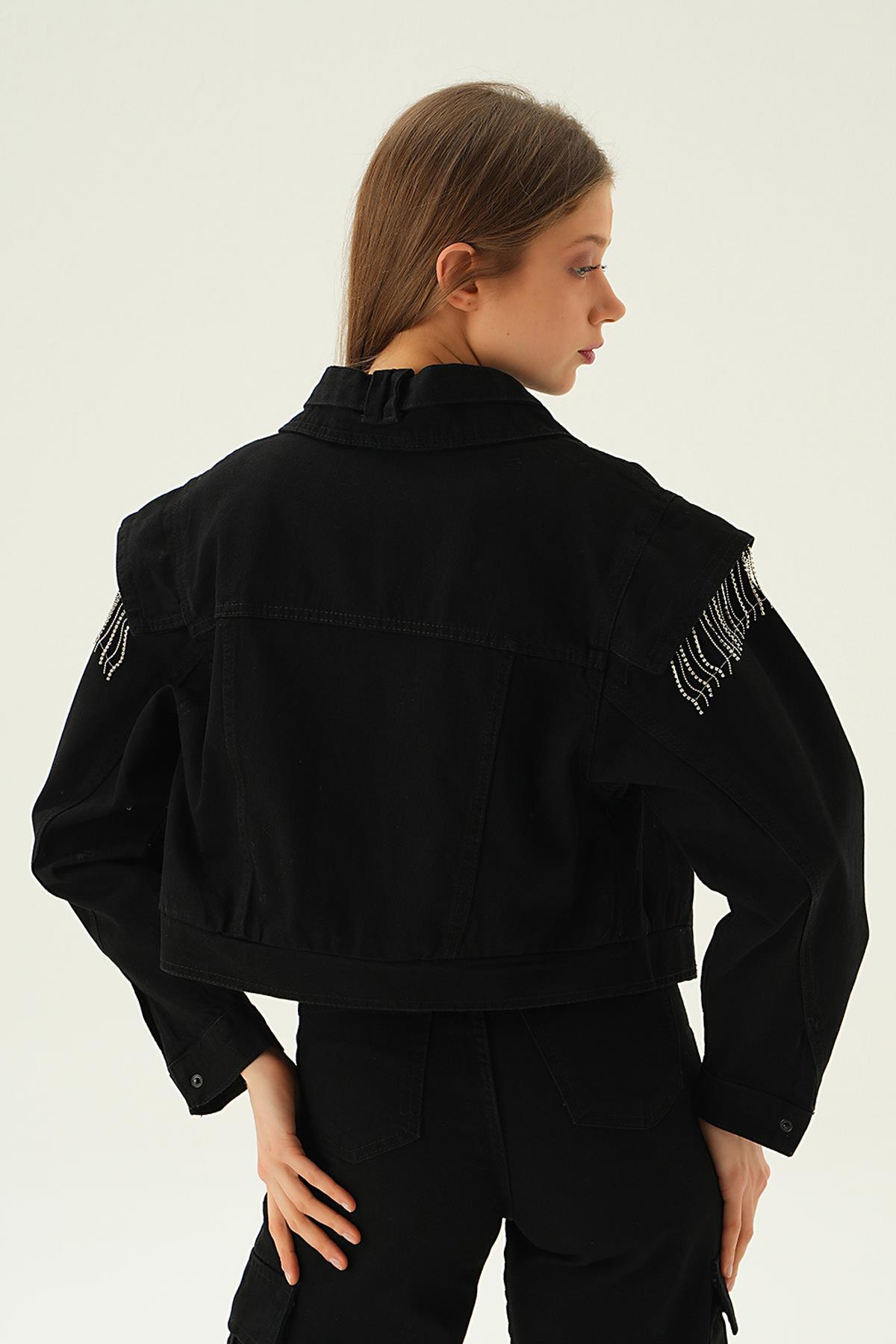 Siyah Yaka Kemer Detaylı Kot Ceket 8089 - 2