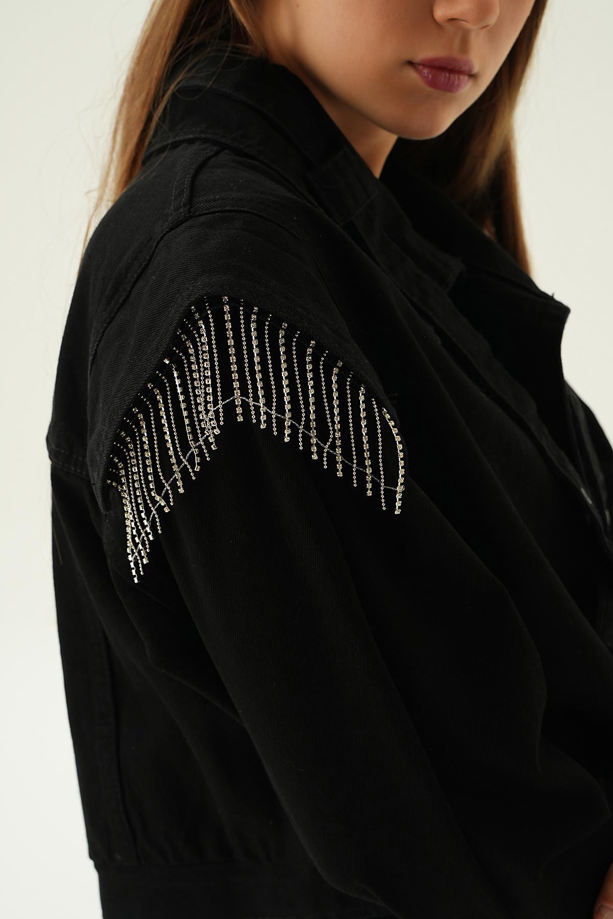 Siyah Yaka Kemer Detaylı Kot Ceket 8089 - 5