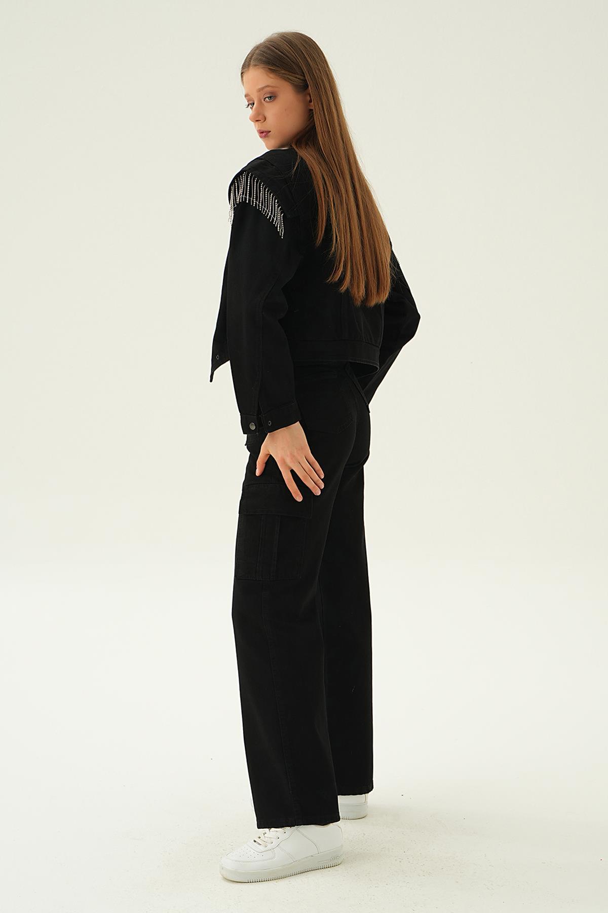 Siyah Yaka Kemer Detaylı Kot Ceket 8089 - 6