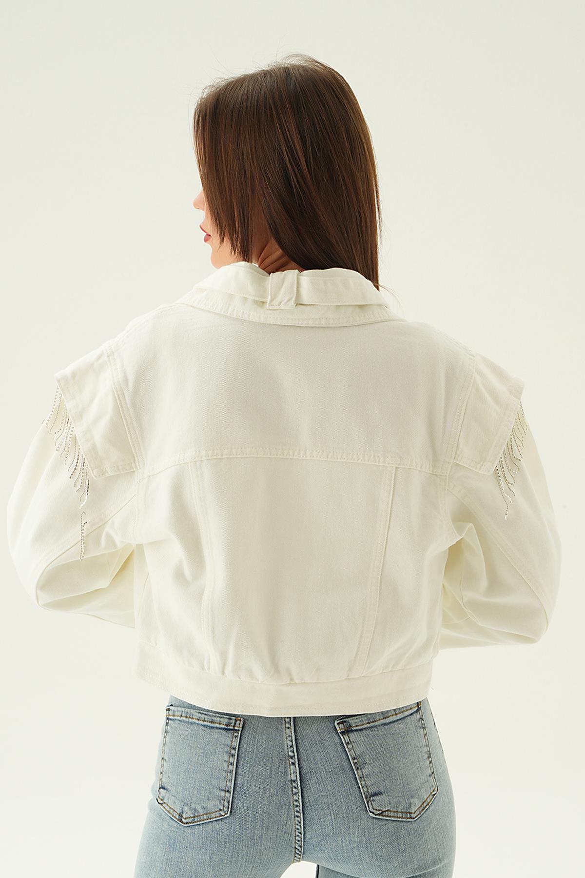 8089 Yaka Kemer Detaylı Kot Ceket Beyaz - 3