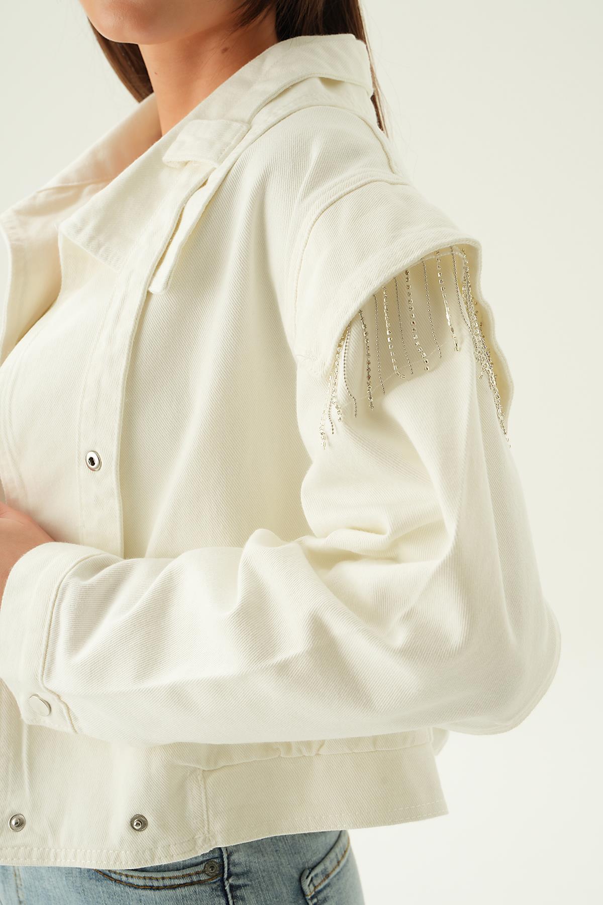8089 Yaka Kemer Detaylı Kot Ceket Beyaz - 5