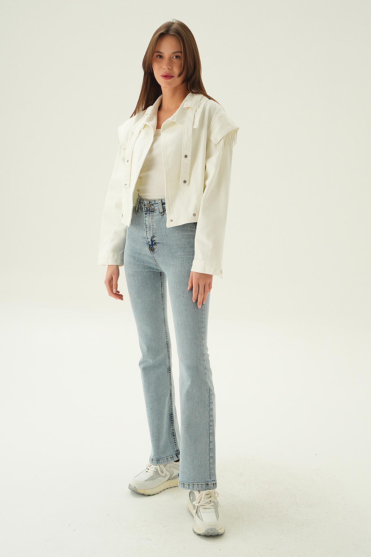 8089 Yaka Kemer Detaylı Kot Ceket Beyaz - 6