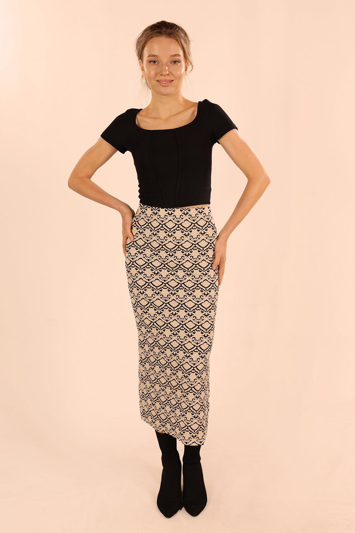 Bej Yırtmaç Detay Desenli Etek 8100 - 1