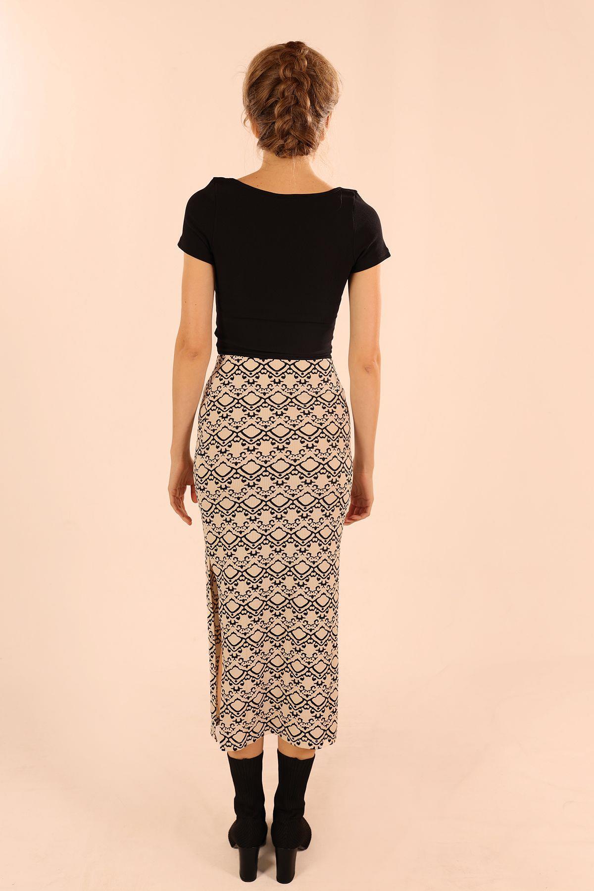 Bej Yırtmaç Detay Desenli Etek 8100 - 6