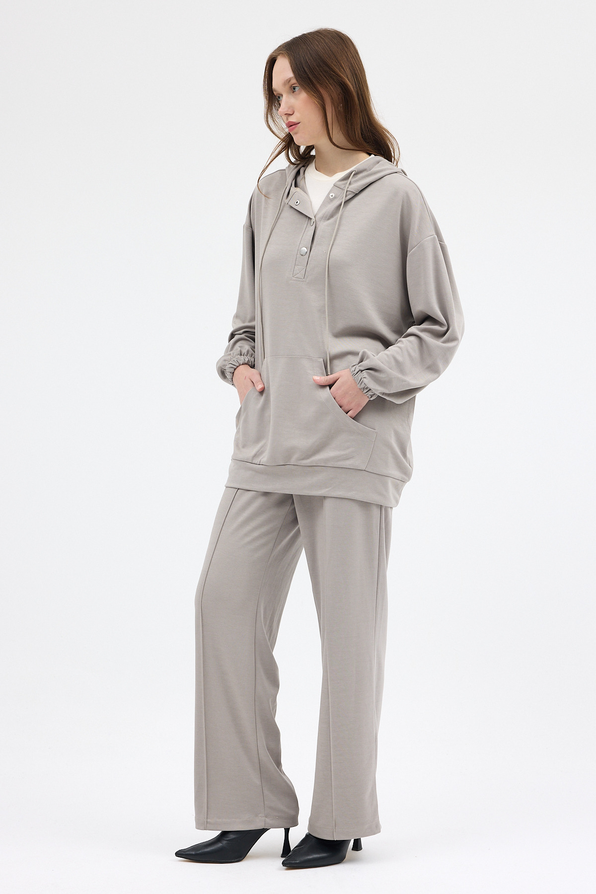 Gri Cepli Kapüşonlu Tunik Pantolon Takımı 8105A - 2