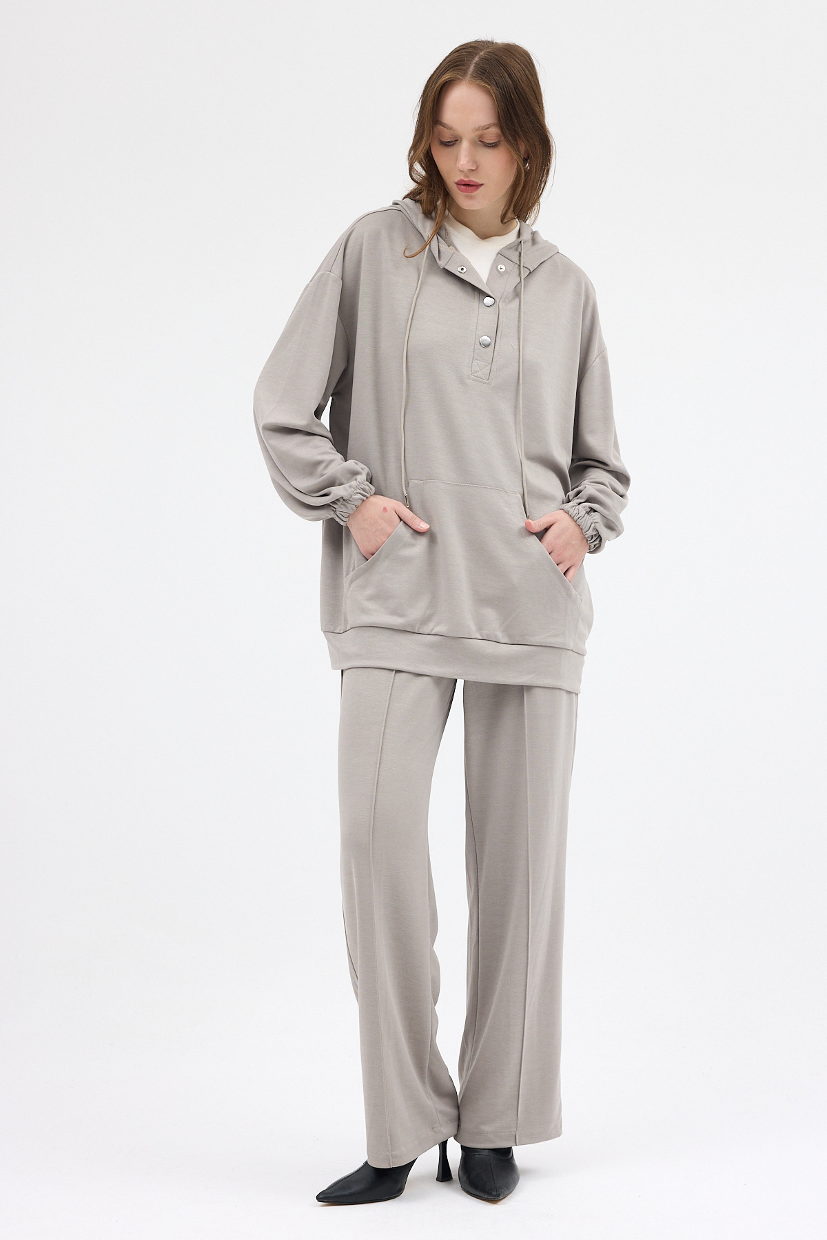Gri Cepli Kapüşonlu Tunik Pantolon Takımı 8105A - 6