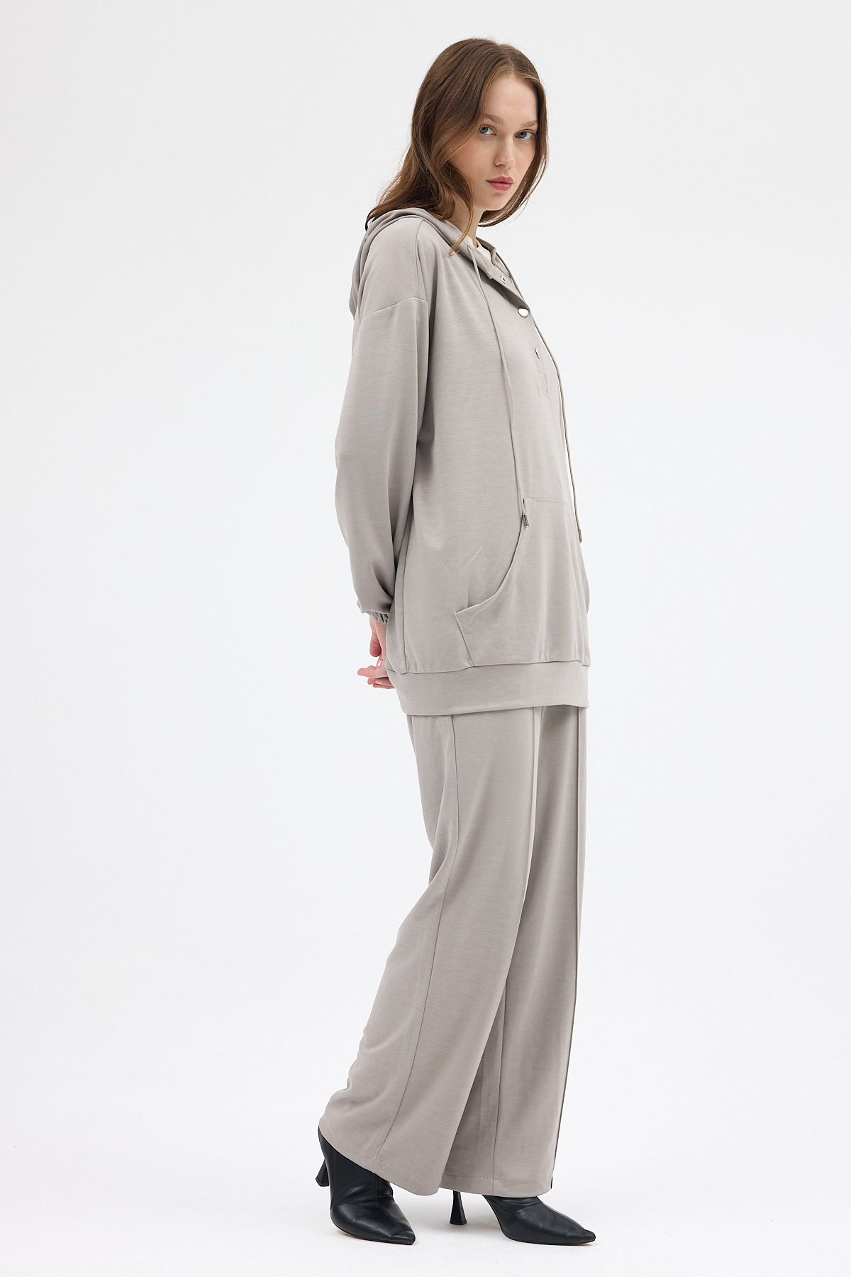 Gri Cepli Kapüşonlu Tunik Pantolon Takımı 8105A - 4