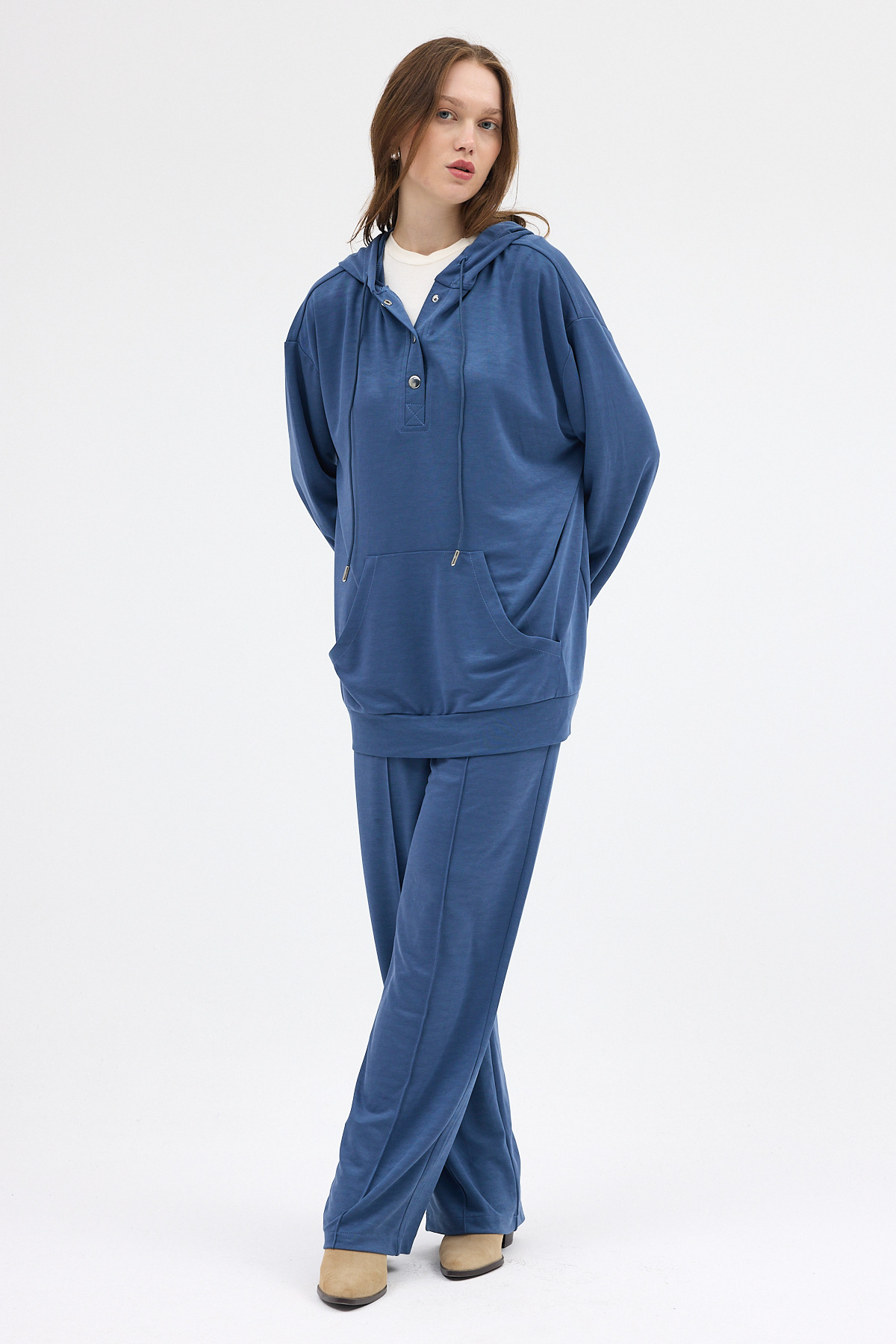 İndigo Cepli Kapüşonlu Tunik Pantolon Takımı 8105A - 6