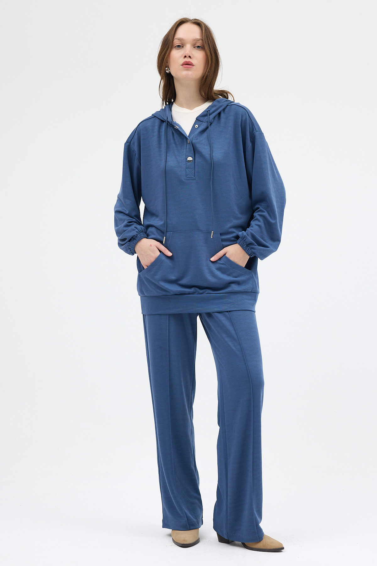 İndigo Cepli Kapüşonlu Tunik Pantolon Takımı 8105A 