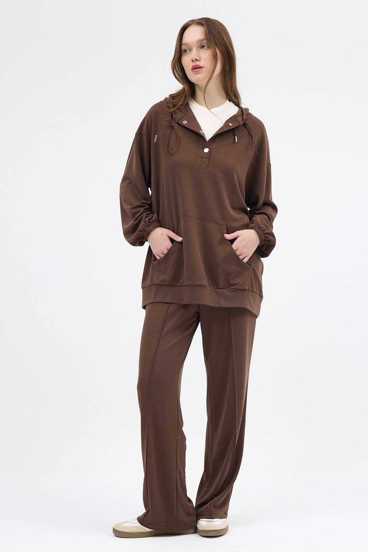 Kahve Cepli Kapüşonlu Tunik Pantolon Takımı 8105A 
