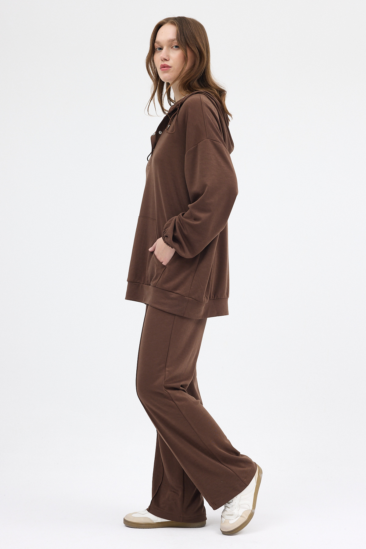 Kahve Cepli Kapüşonlu Tunik Pantolon Takımı 8105A - RAYS