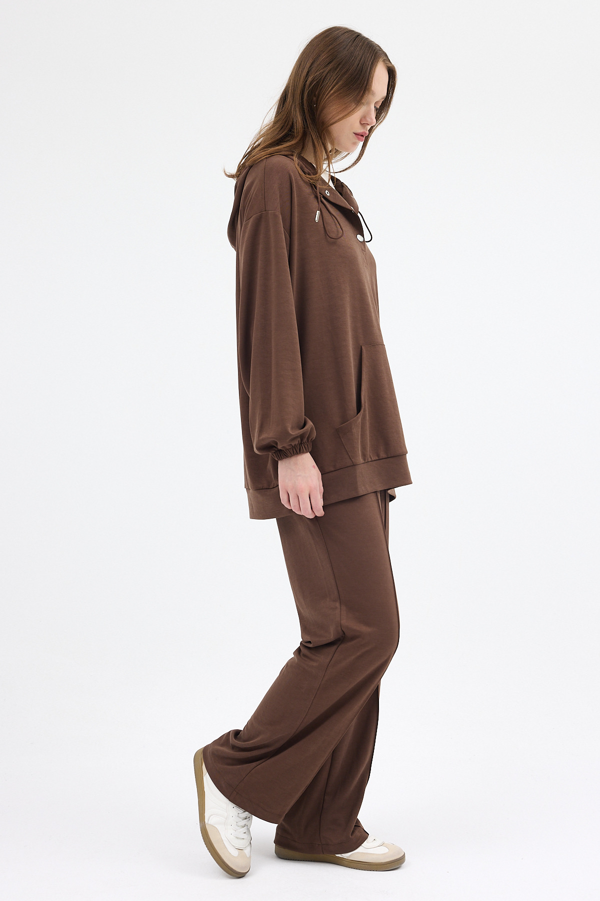 Kahve Cepli Kapüşonlu Tunik Pantolon Takımı 8105A - 6