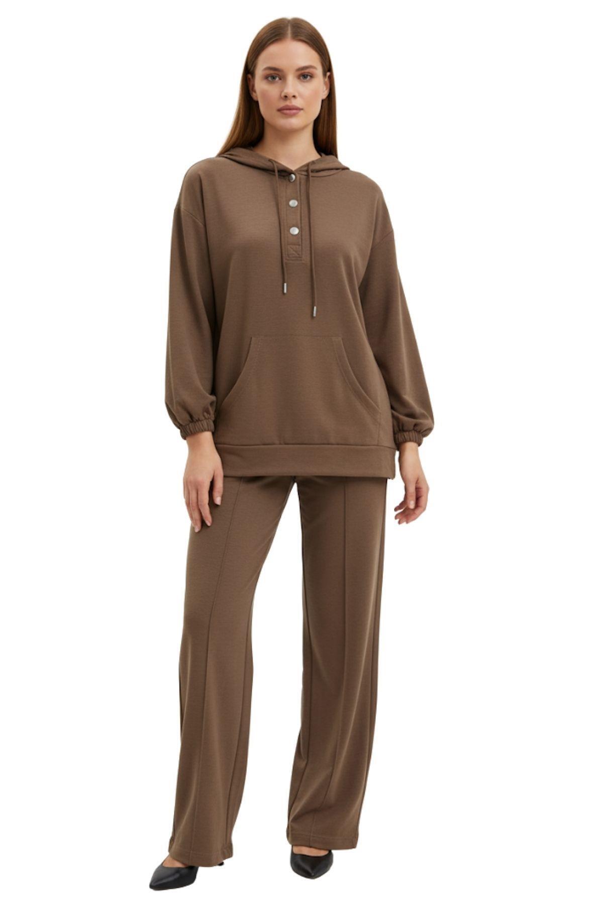 8105A Kapüşonlu Çıtçıtlı Tunik Pantolon Takım Vizon - 1
