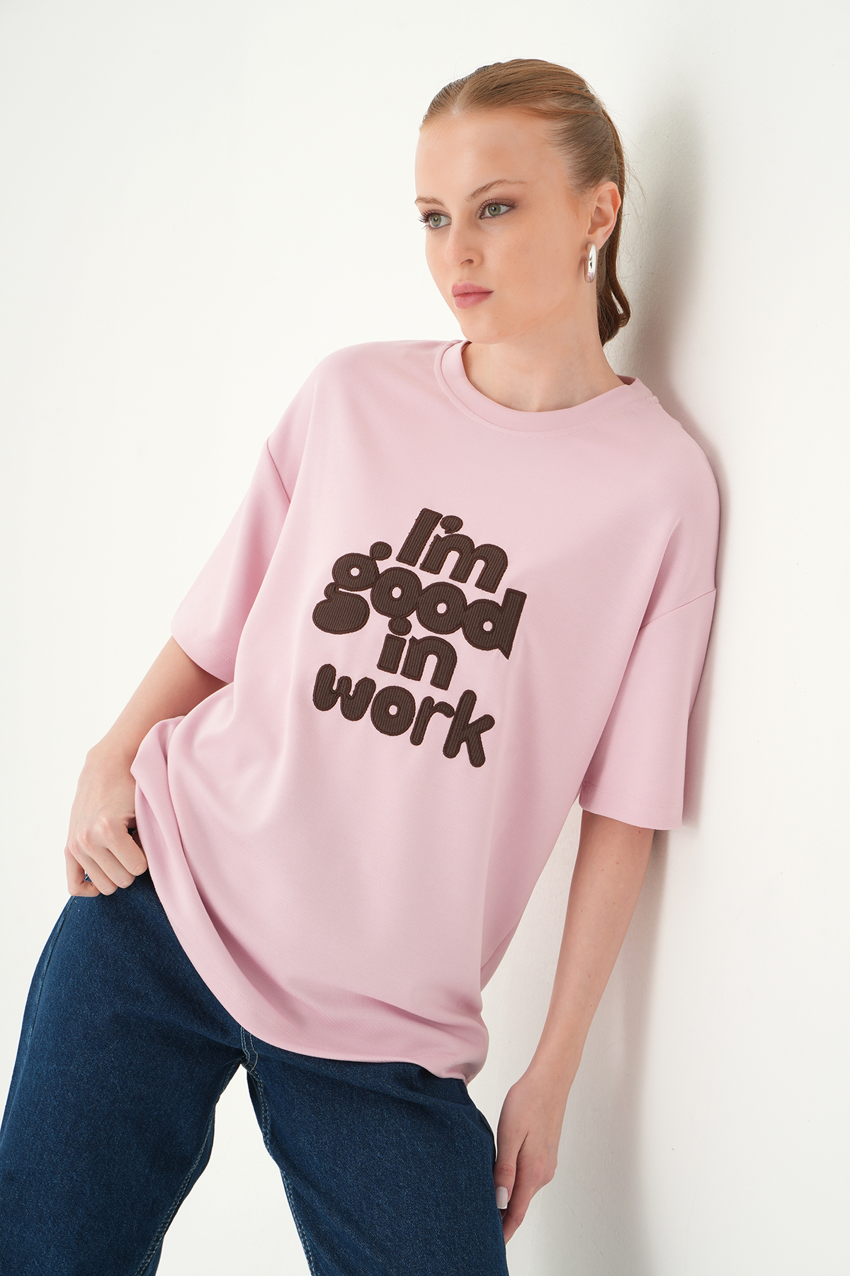 Yazı Nakışlı Tişört 8106 Pembe - 2