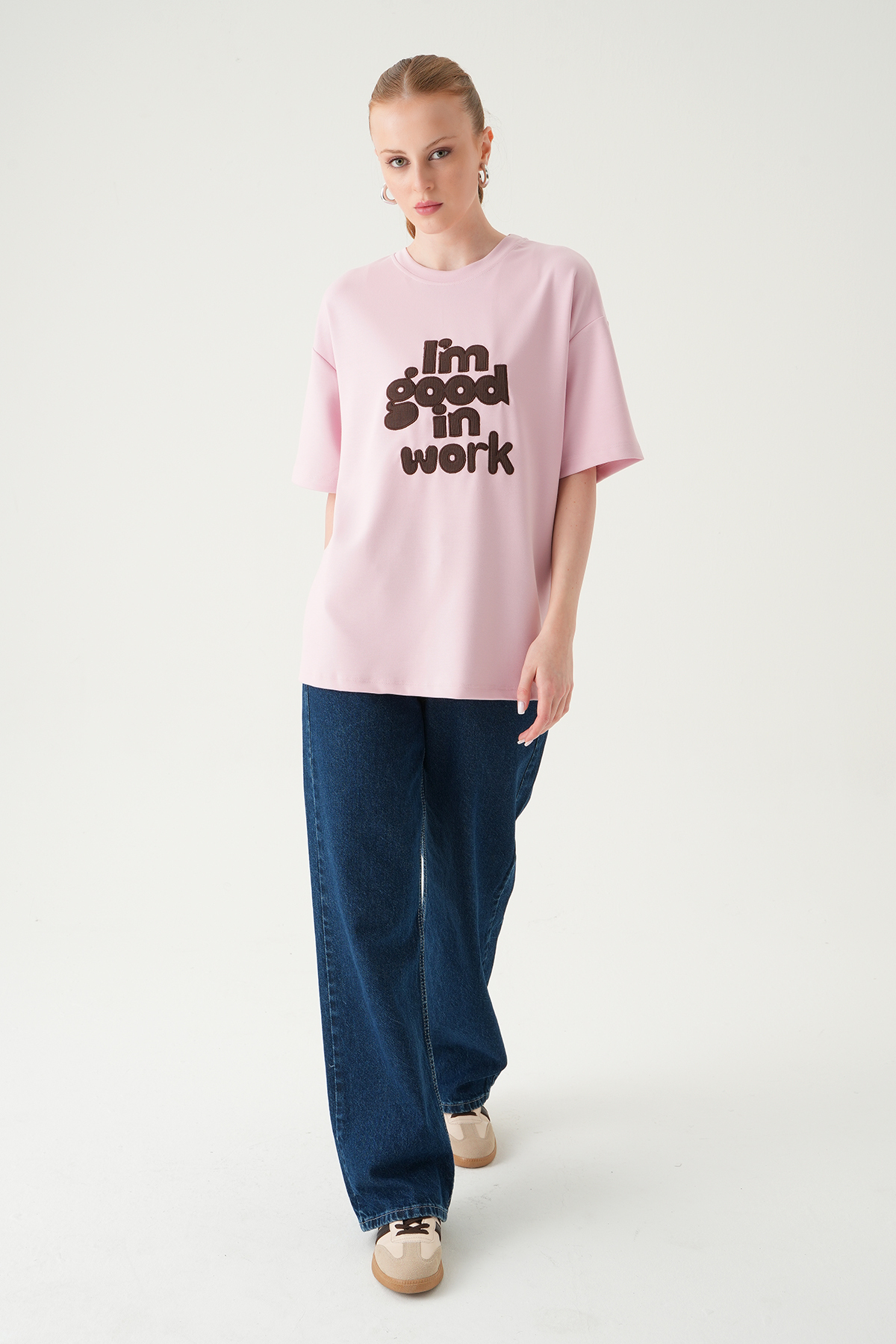 Yazı Nakışlı Tişört 8106 Pembe - 3
