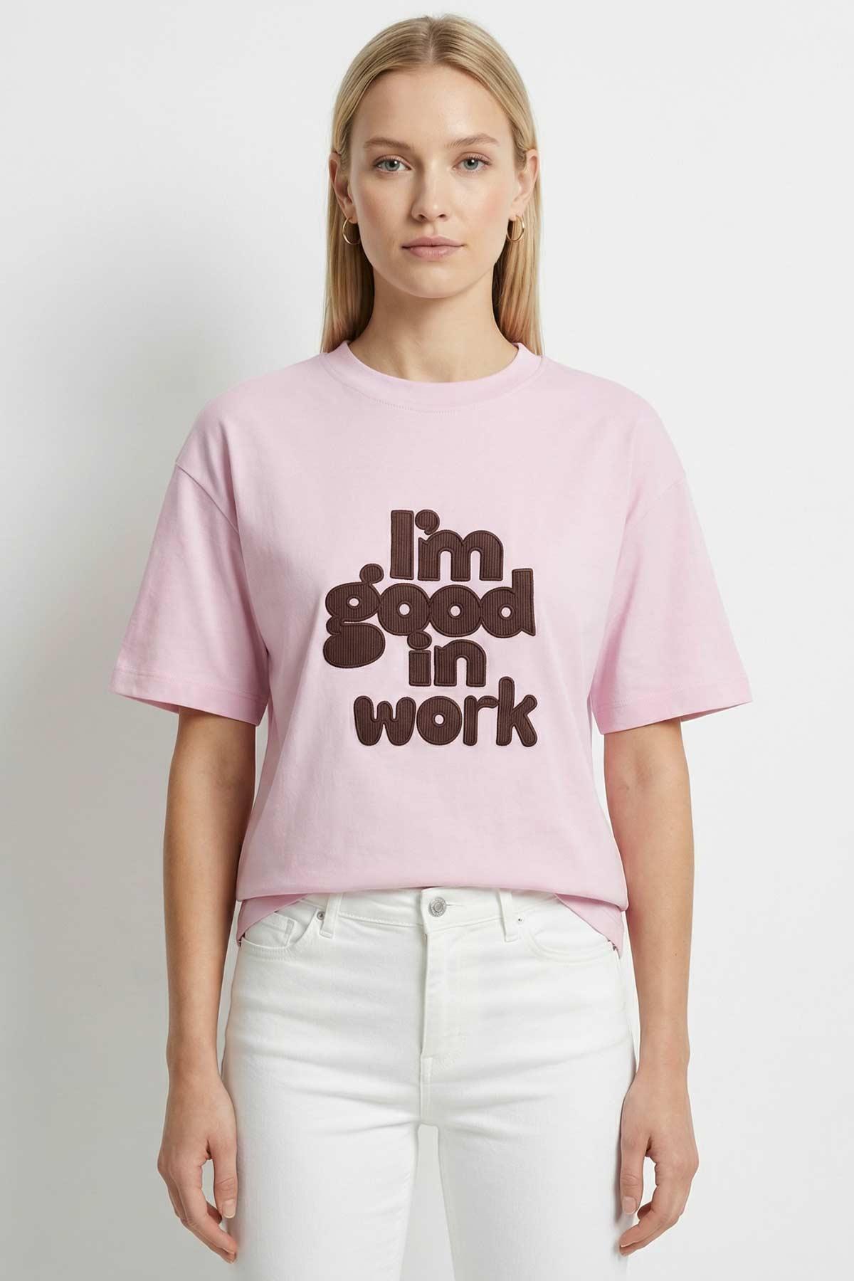 Pembe Yazı Nakışlı Tişört 8106 - RAYS