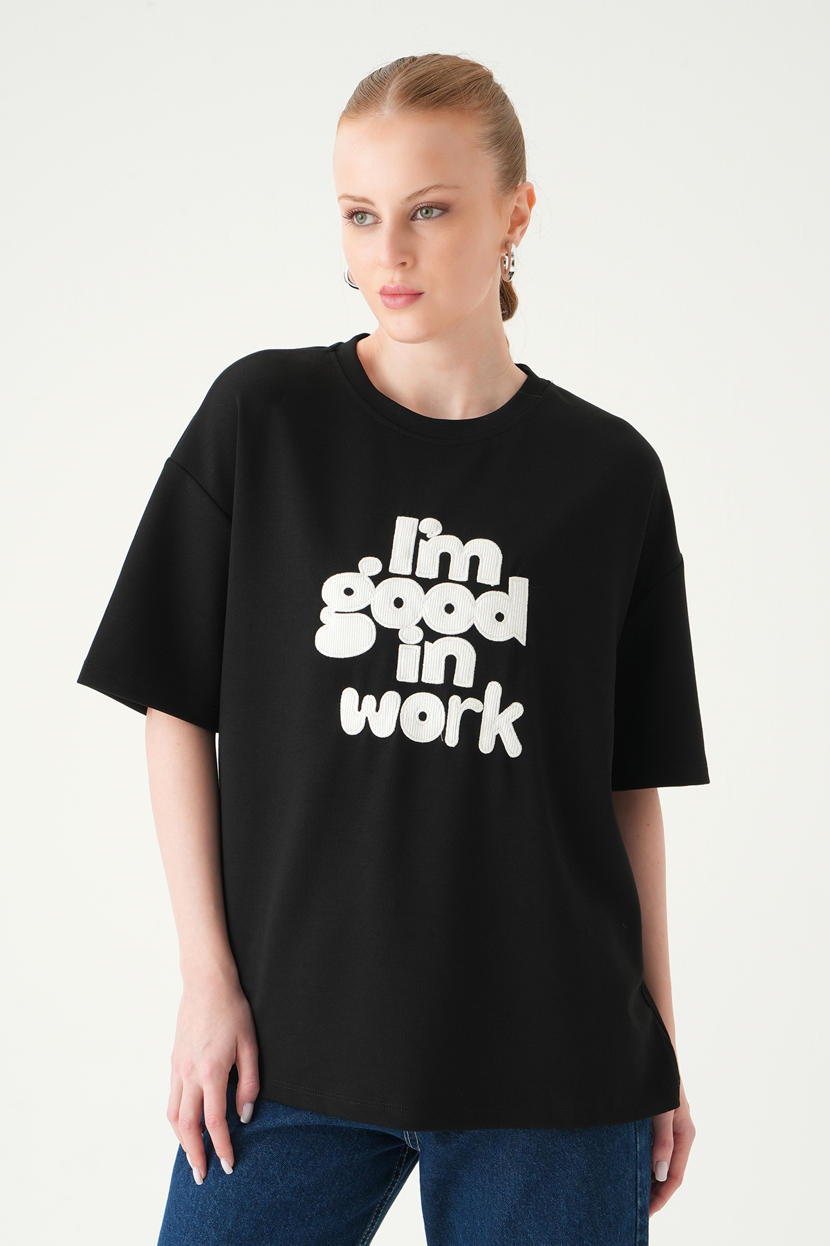 Siyah Yazı Nakışlı Tişört 8106 - 6