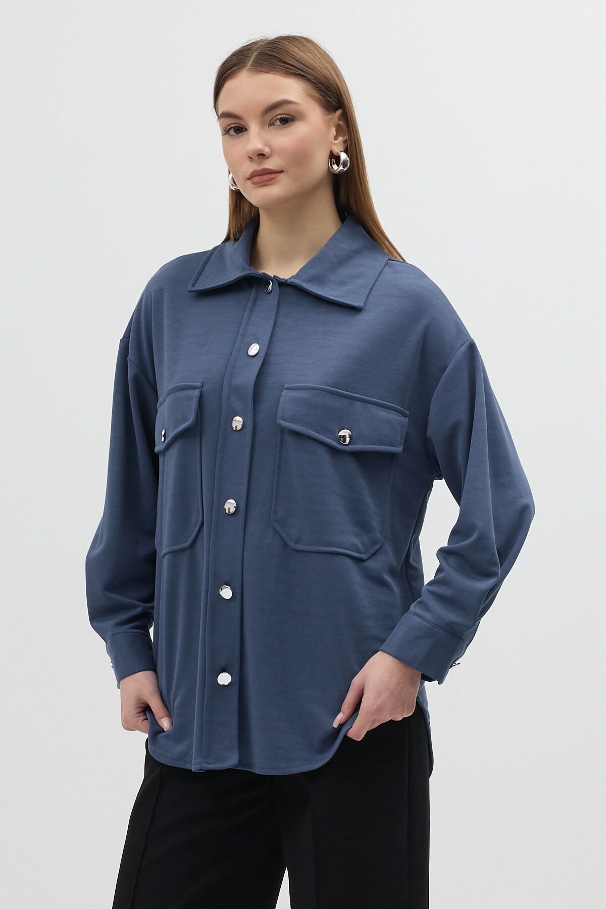 İndigo Büyük Cepli Ceket Yaka Uzun Kollu Kadın Gömlek 8108A - 5
